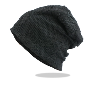 Breathable black lace mesh slouchy beanie with floral pattern for summer and spring wear