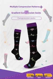 Detail view of compression socks with purple accents and electrocardiogram pattern