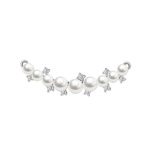 Detailed view of silver necklace pendant with white pearls and sparkling cubic zirconia