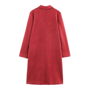 Rear view of long red faux suede coat showing centered stitching and clean silhouette