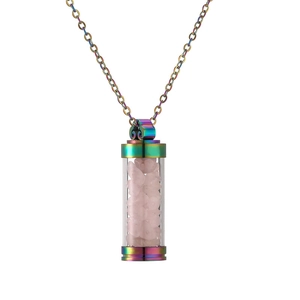 Rainbow stainless steel perfume bottle necklace with pink crystal stones on white background