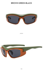 Front and side views of Y2K sports sunglasses with brown and green gradient frames