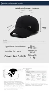 Size guide for men's winter wool baseball cap with detailed head circumference measurements