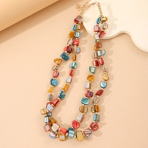 Bohemian multi-layer colorful stone bead necklace with gold chain and shell elements