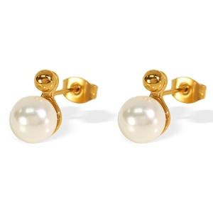 Elegant minimalist white pearl stud earrings with gold metal accents on a clean background