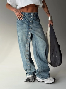 Retro wash loose wide-leg jeans with side button fly and high waist denim texture
