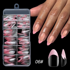 Detail view of pink French almond press-on nails set with storage box and model display