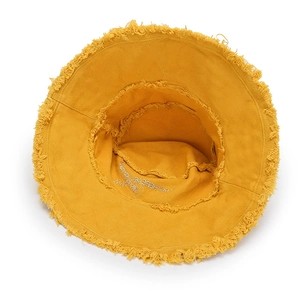Yellow frayed bucket hat with Getthebear embroidery for summer street style
