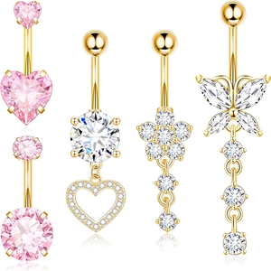 Heart Butterfly Flower Navel Rings Stainless Steel Copper Zirconia Inlaid Navel Piercing Jewelry For Women Body Decor