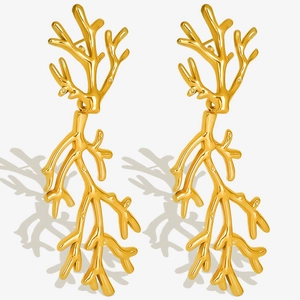 Polished 18k gold plated stainless steel coral branch stud earrings on white background