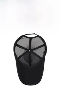 Detail of black baseball cap showing breathable mesh fabric and adjustable velcro strap