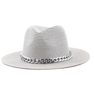 Close-up of woven jazz hat featuring decorative silver acrylic large chain links