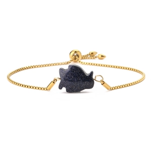 Adjustable golden box chain bracelet featuring a blue goldstone fish pendant for women