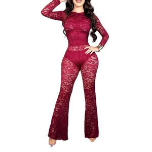 Slim fit burgundy lace bodysuit with long sleeves and elegant flare pants for women