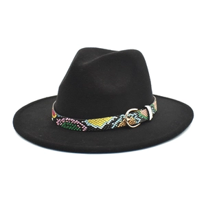 Detail of black wool fedora featuring a rainbow snakeskin band and gold metal buckle