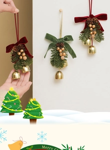 Macro detail of Christmas ornament with velvet bow, pine cones, berries, and golden bells