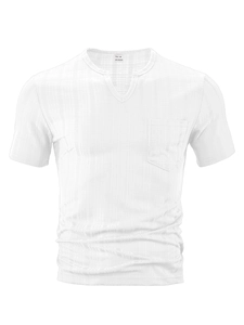 Detail view of M size tag and 100% polyester waffle texture on white Henley shirt