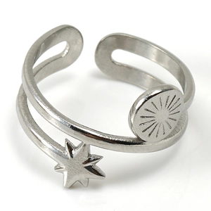 Minimalist silver stainless steel open ring with starburst disc and celestial engraving