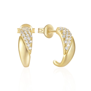 Detailed close-up of gold C-shaped earrings with pavé set white zirconias on white background