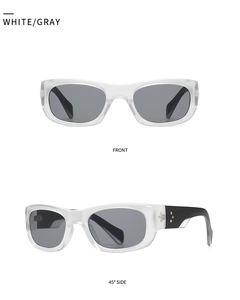 Detailed front and 45-degree views of white square sunglasses with gray lenses and rivets