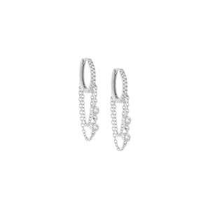Detailed macro view of S925 sterling silver hoop earrings with double layer chains and zircons