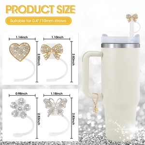 Size chart for rhinestone straw covers in heart, bow, flower and butterfly shapes