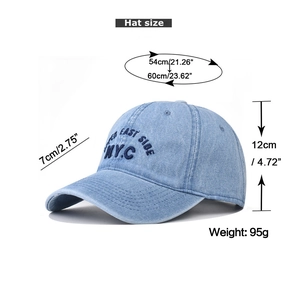 Detail view of washed denim baseball cap with NYC embroidery and size specifications