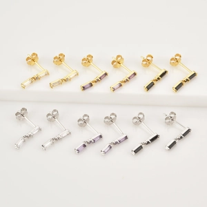 Detailed macro view of S925 silver stud earrings with colorful rectangular zircon stones