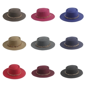 Flat brim wool jazz hat collection featuring nine vibrant colors with gold chain trim