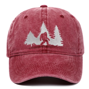 Vintage burgundy washed cotton baseball cap with embroidered Bigfoot and pine trees