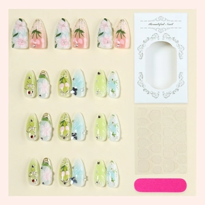 30pcs 3D floral press-on nails set with pink cherry blossoms and green bow designs