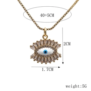Detailed size specifications for the Evil Eye pendant with crystal accents and chain dimensions