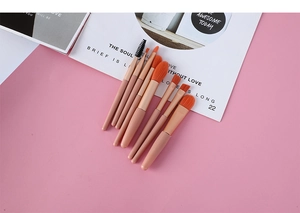 Close-up of 8-piece mini makeup brush set in nude pink on a decorative magazine