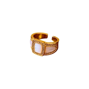 Vintage gold open ring with rectangle mother of pearl and shimmering zircon halo
