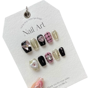 Handmade black and pink plaid press-on nails with 3D resin butterfly and pearls