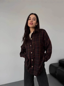 Oversize plaid button-down shirt with red and brown check pattern and front pocket