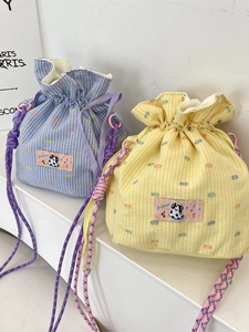 Cute Gingham Drawstring Crossbody Bag Polyester Underarm Shoulder Purse With Cartoon Patch Colorful Woven Straps