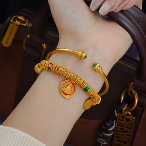 New Chinese Style Bracelet Bangle Copper 24K Gold Plated Zircon Enamel Pendant Vintage Luxury Jewelry For Women