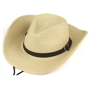 Detail of beige straw cowboy hat featuring brown leather band and adjustable chin strap