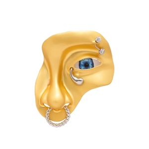 Broche artistique en forme de visage, finition or mat et argent avec œil en résine