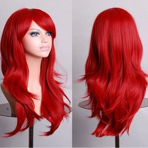 Red 70cm long wavy wig with bangs shown in front and back views on a mannequin