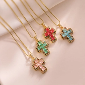 Cross Pendant Necklace Colored Zircon Copper Micro Pave Gold Plated Clavicle Box Chain Niche Design Jewelry For Women