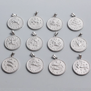 Vue macro de douze pendentifs signes du zodiaque en argent avec texture mate gravée