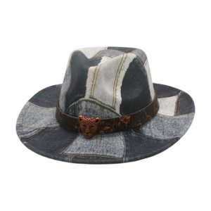 Vintage Heart Crown Denim Patchwork Fedora Hat With Leopard Head Buckle Western Cowboy Style Wide Brim Jazz Cap