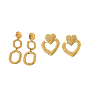 Vintage gold geometric heart and oval drop earrings with textured bead pattern finish