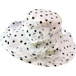 Elegant white organza sun hat for women featuring black polka dots and mesh flower detail