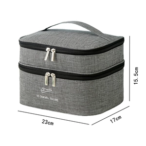 Grey double-layer travel toiletry bag with waterproof cation fabric and top handle