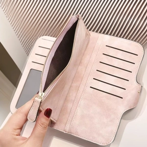 Pink matte leather long wallet for women featuring multiple card slots and a zipper pocket