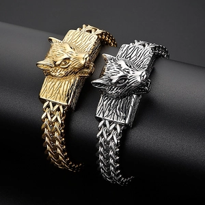 Men's wolf head steel bracelets in gold and silver with double woven chain links