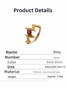 Detail view showing geometric S925 silver ring with red garnet and product specifications